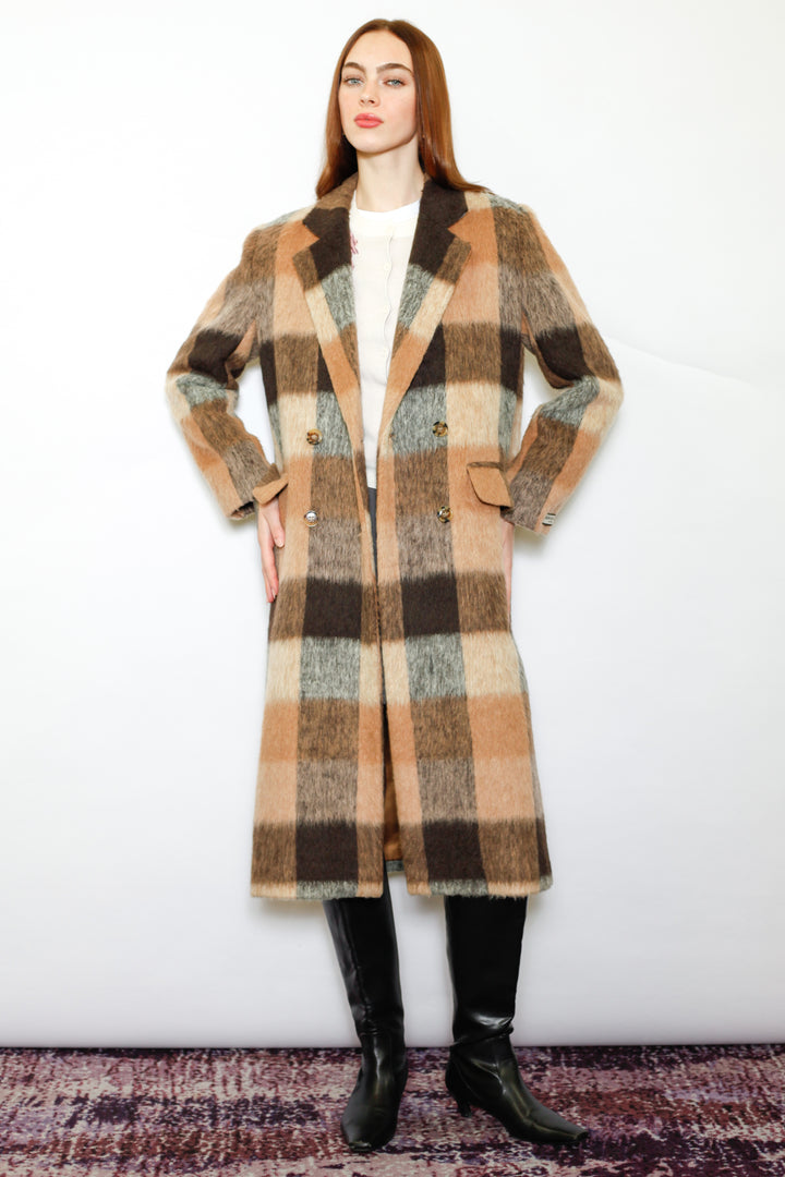 Heavy Wool Camel Brown Plaid Coat