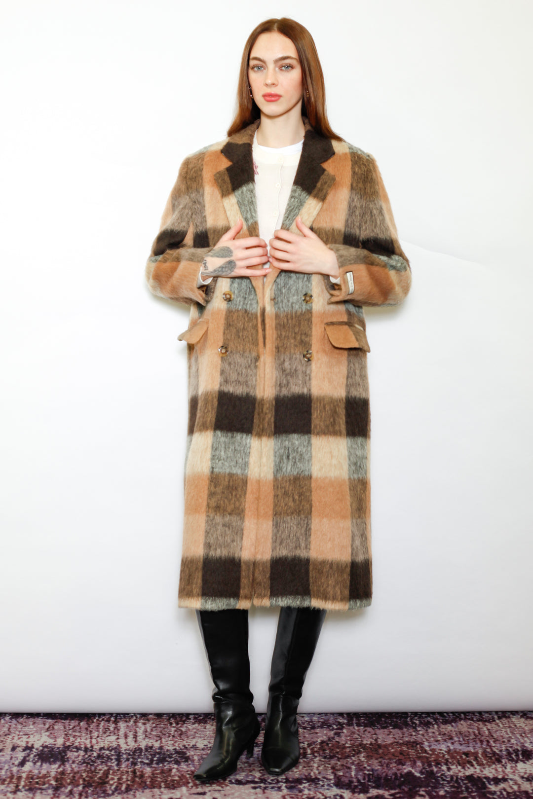 Heavy Wool Camel Brown Plaid Coat
