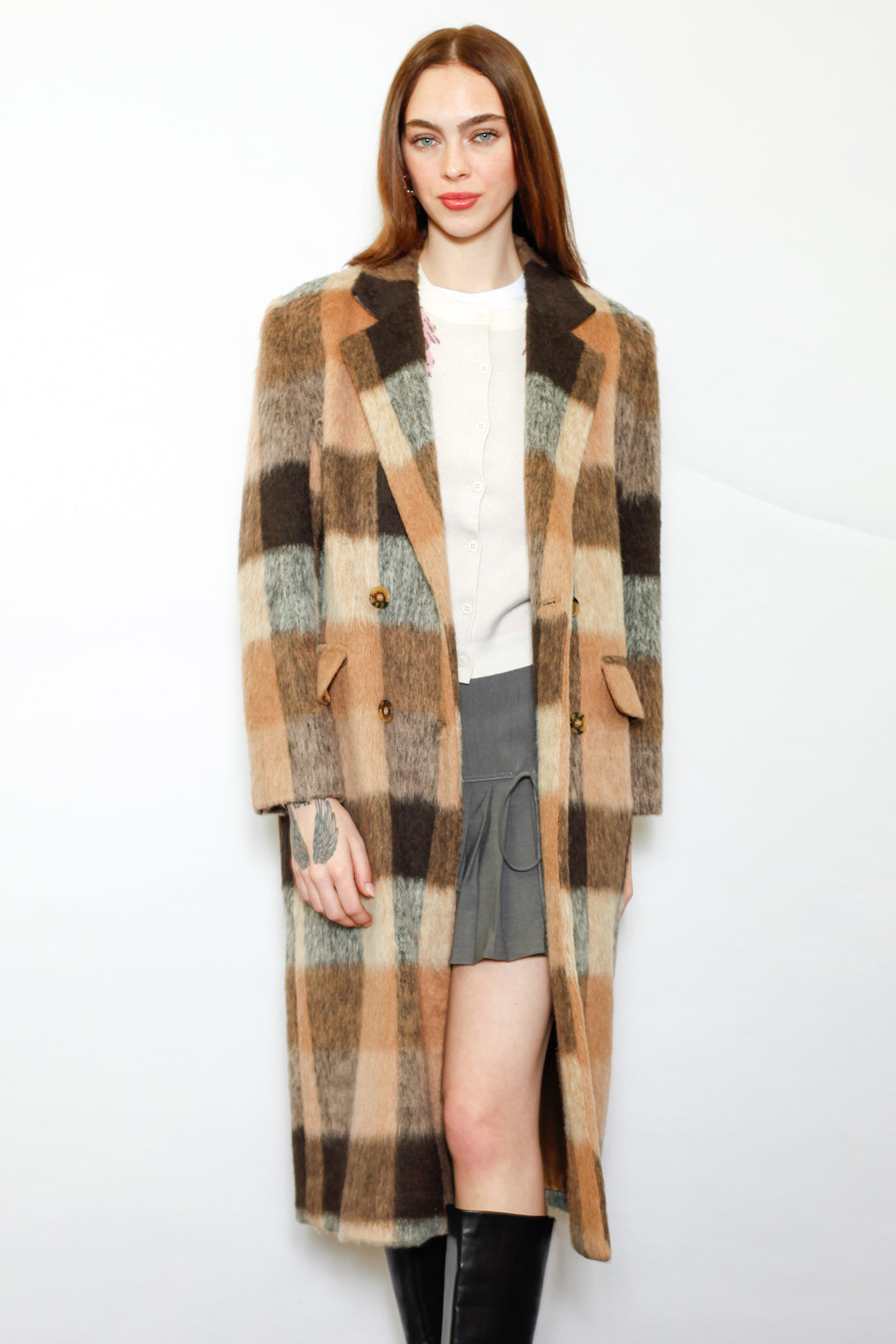 Heavy Wool Camel Brown Plaid Coat