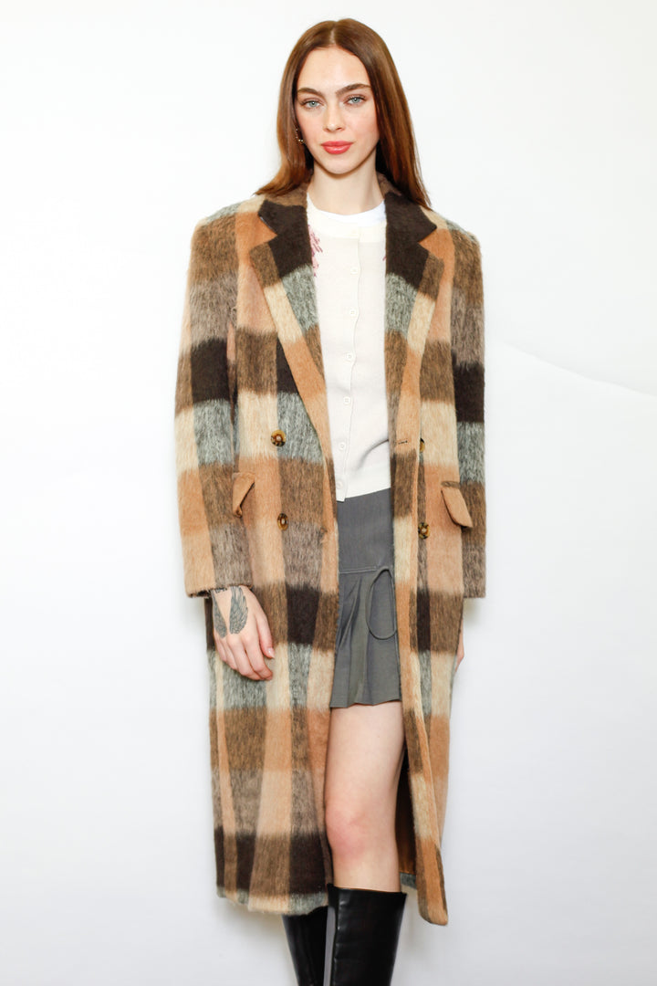 Heavy Wool Camel Brown Plaid Coat