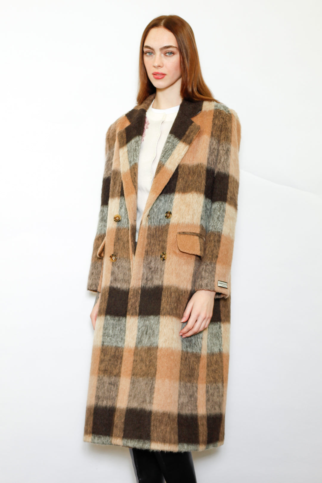 Heavy Wool Camel Brown Plaid Coat