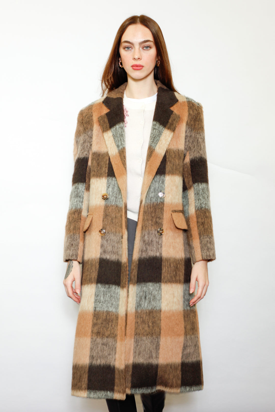 Heavy Wool Camel Brown Plaid Coat