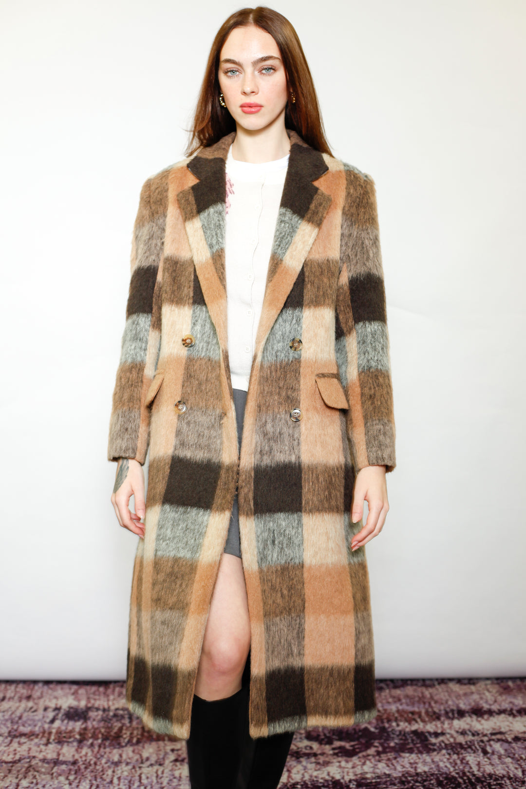Heavy Wool Camel Brown Plaid Coat