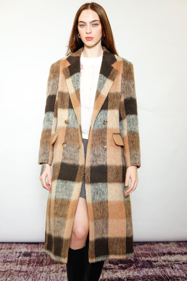 Heavy Wool Camel Brown Plaid Coat