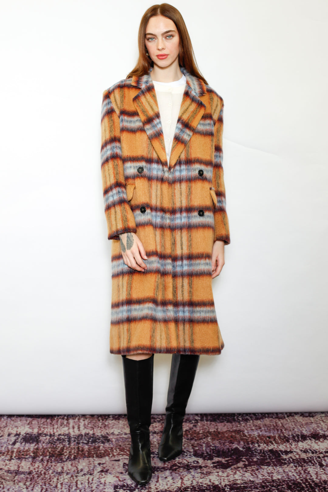 Heavy Wool Camel Plaid Coat