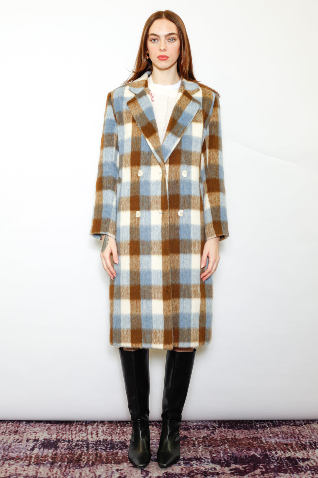 Heavy Wool Blue Brown Plaid Coat