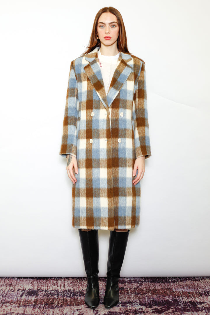 Heavy Wool Blue Brown Plaid Coat