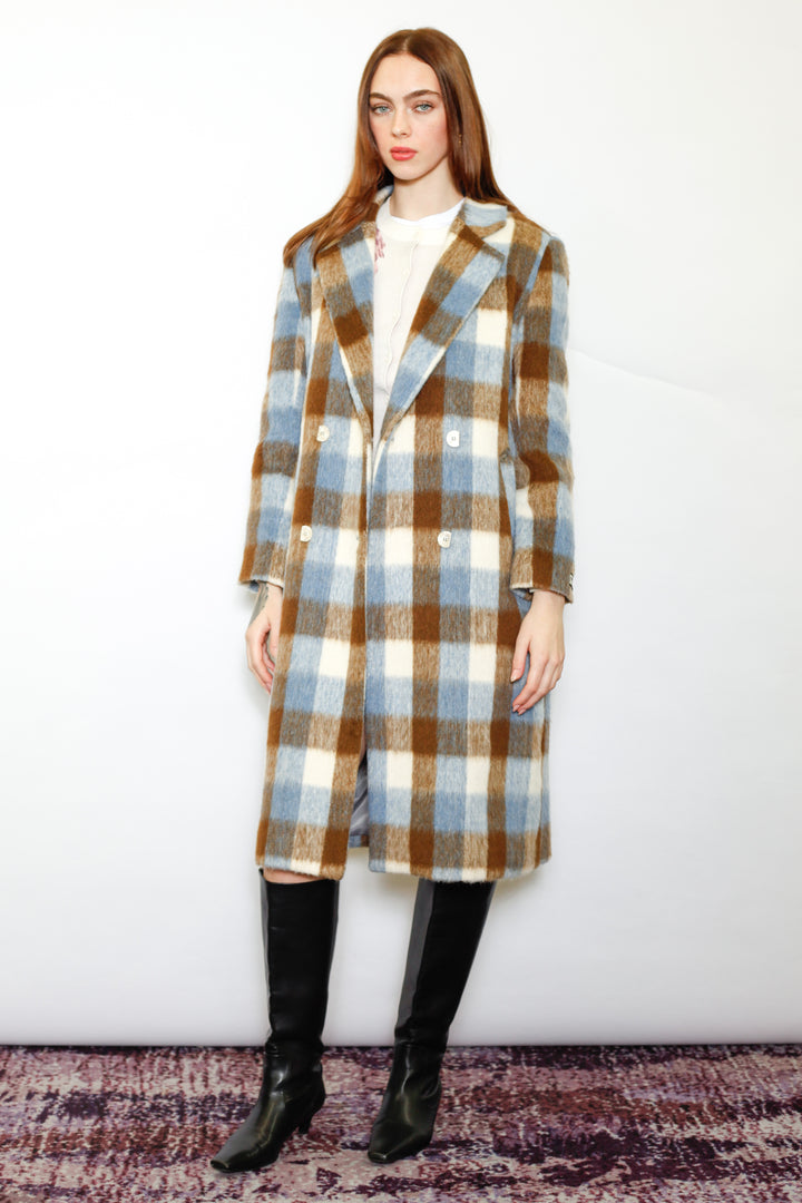 Heavy Wool Blue Brown Plaid Coat
