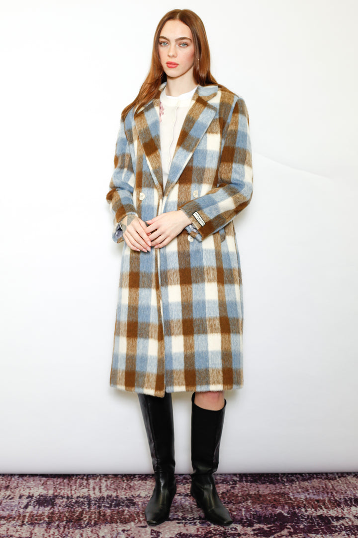 Heavy Wool Blue Brown Plaid Coat