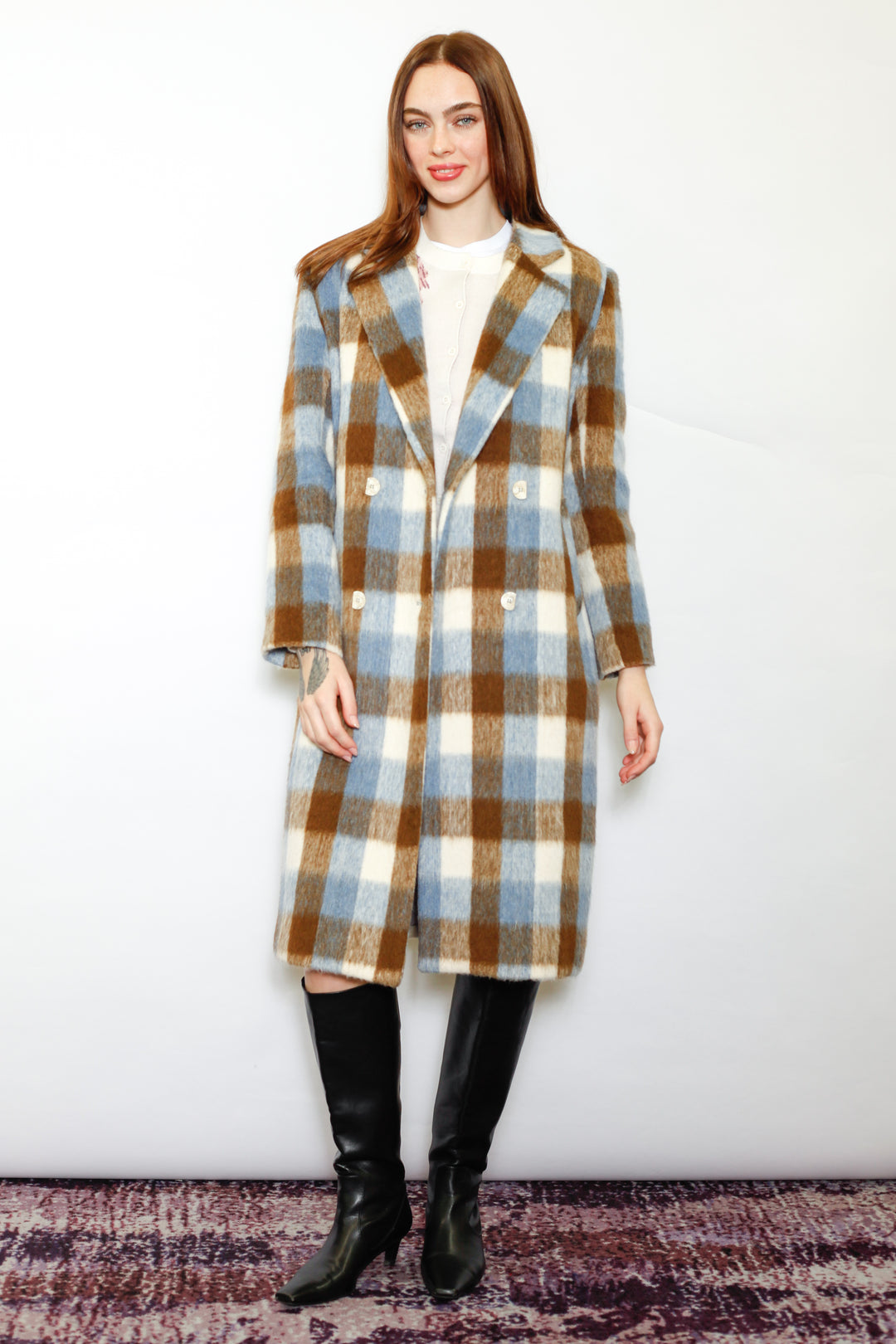 Heavy Wool Blue Brown Plaid Coat