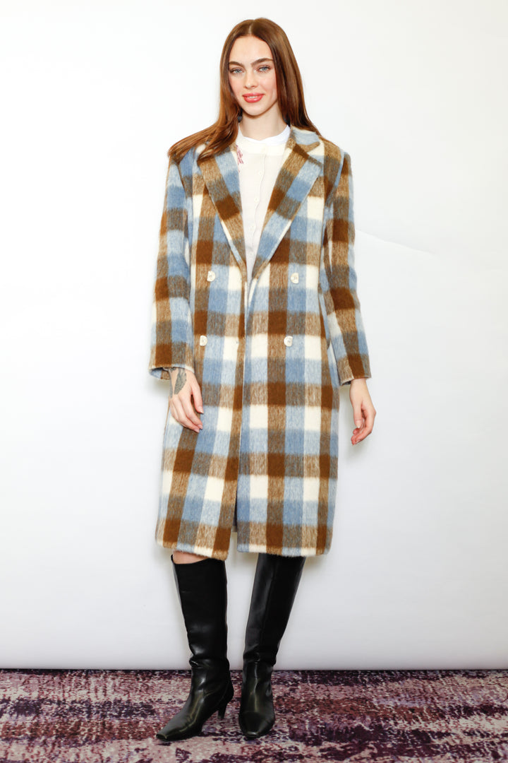 Heavy Wool Blue Brown Plaid Coat