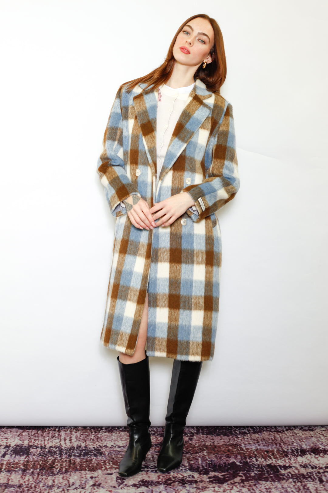 Heavy Wool Blue Brown Plaid Coat