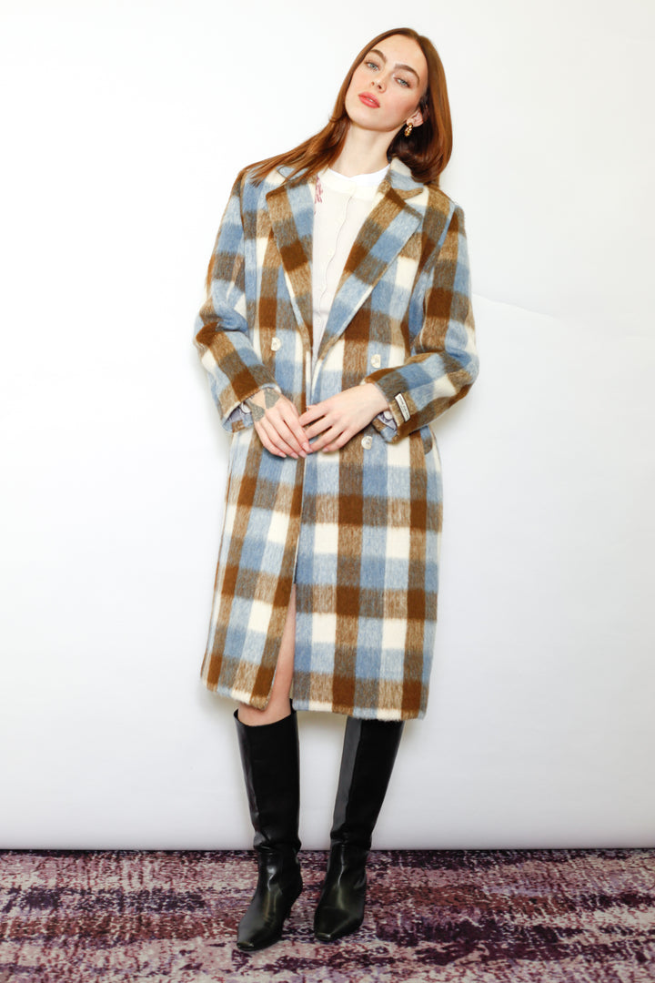 Heavy Wool Blue Brown Plaid Coat