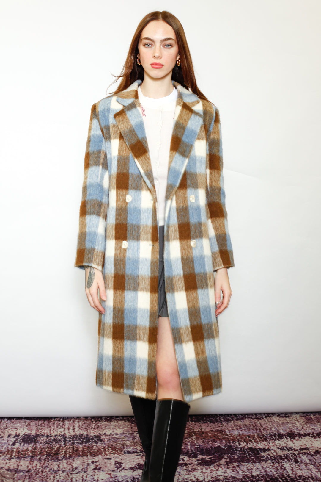 Heavy Wool Blue Brown Plaid Coat