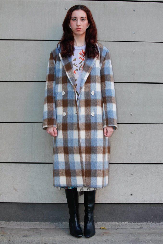 Heavy Wool Blue Brown Plaid Coat