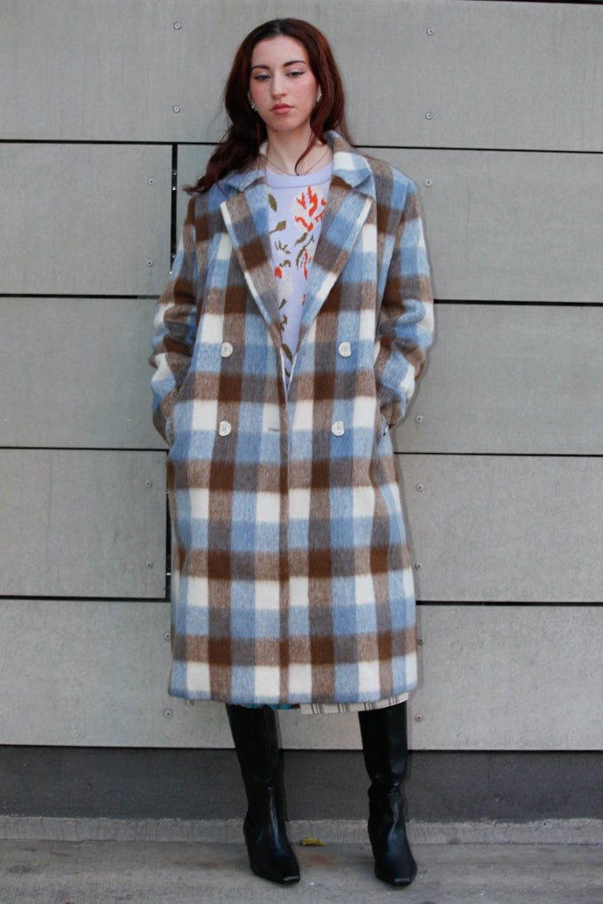 Heavy Wool Blue Brown Plaid Coat