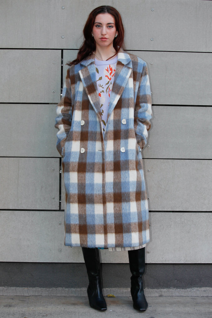 Heavy Wool Blue Brown Plaid Coat