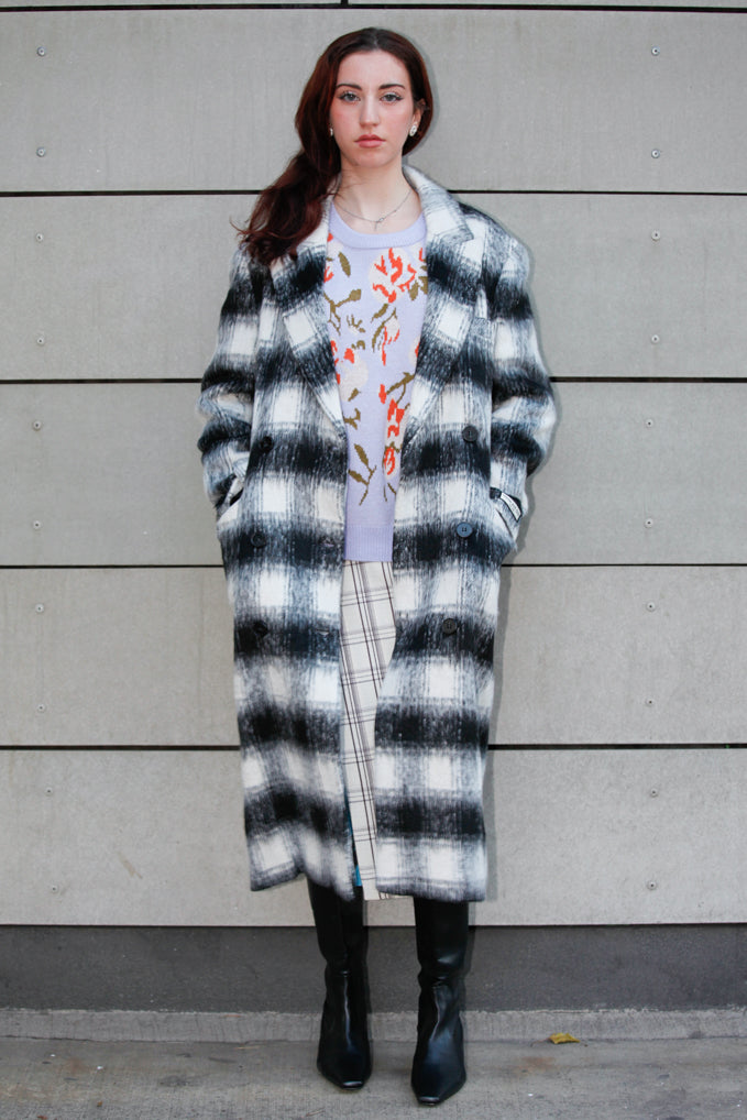 Heavy Wool Monochrome Plaid Coat