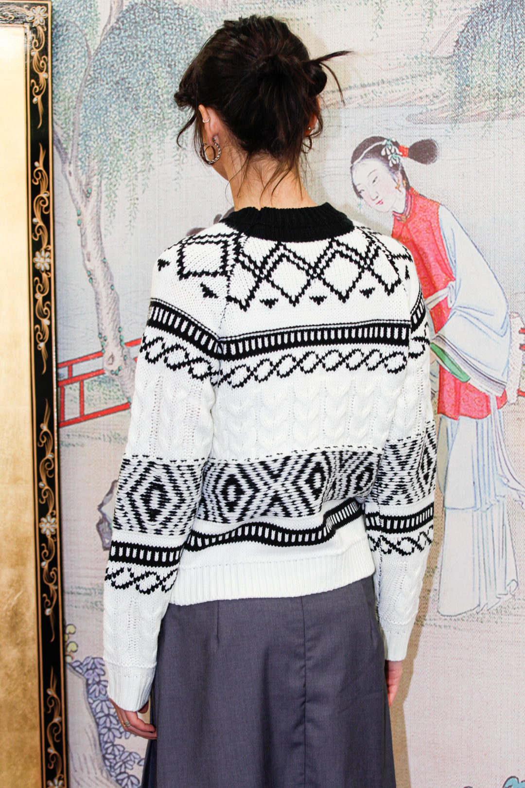 Black White Geometric Knit Sweater