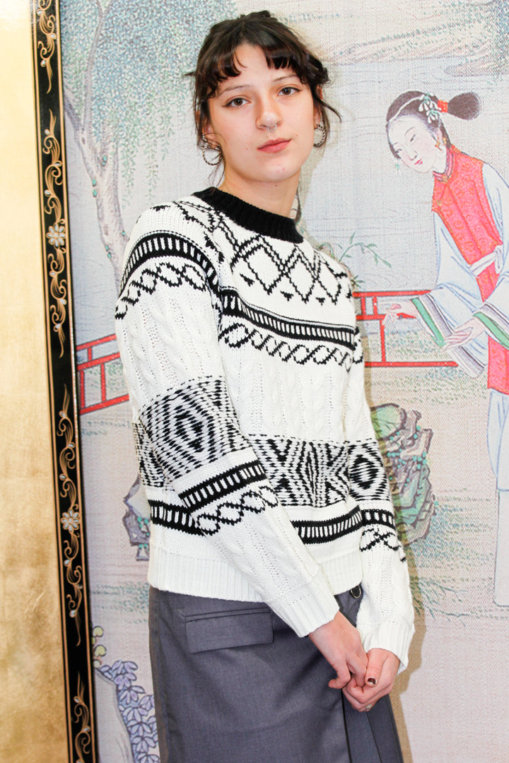 Black White Geometric Knit Sweater