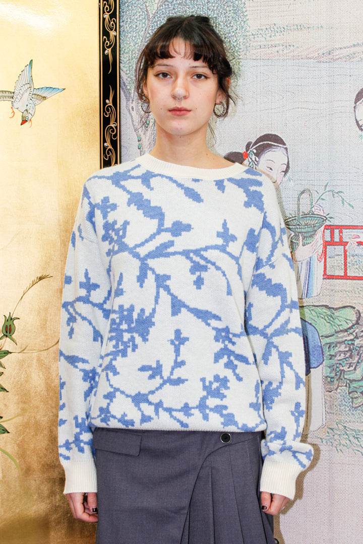 Blue Floral Jacquard Sweater