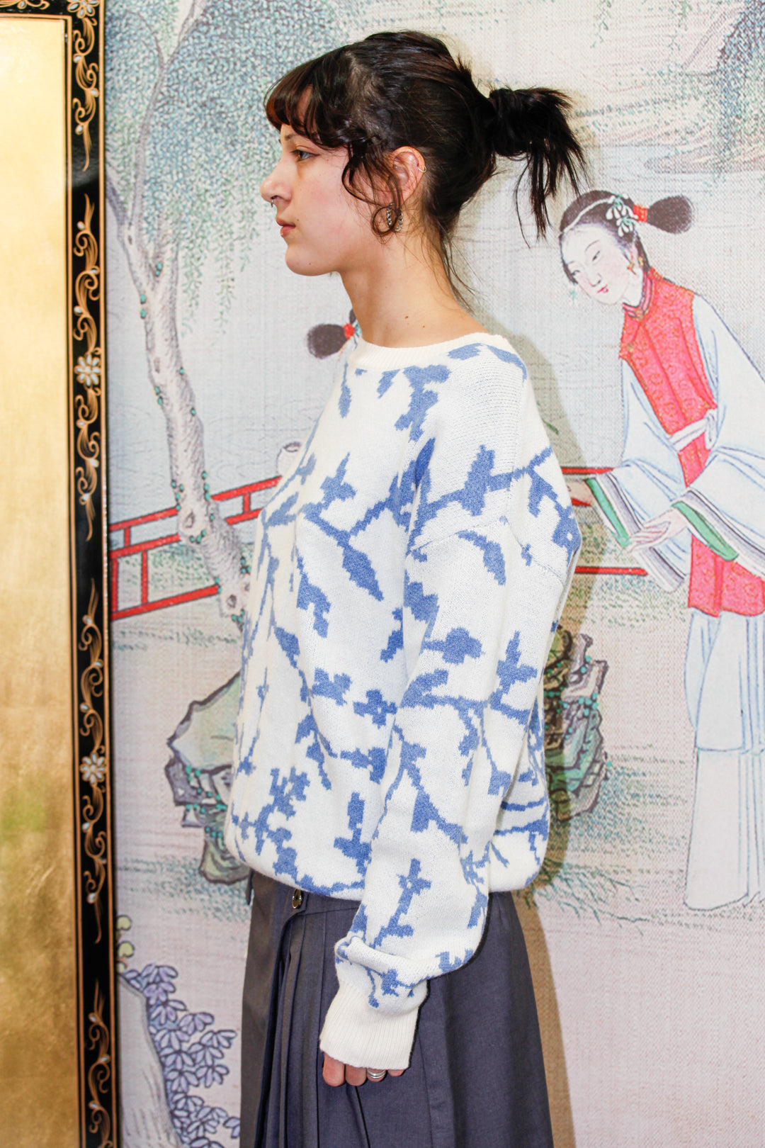 Blue Floral Jacquard Sweater