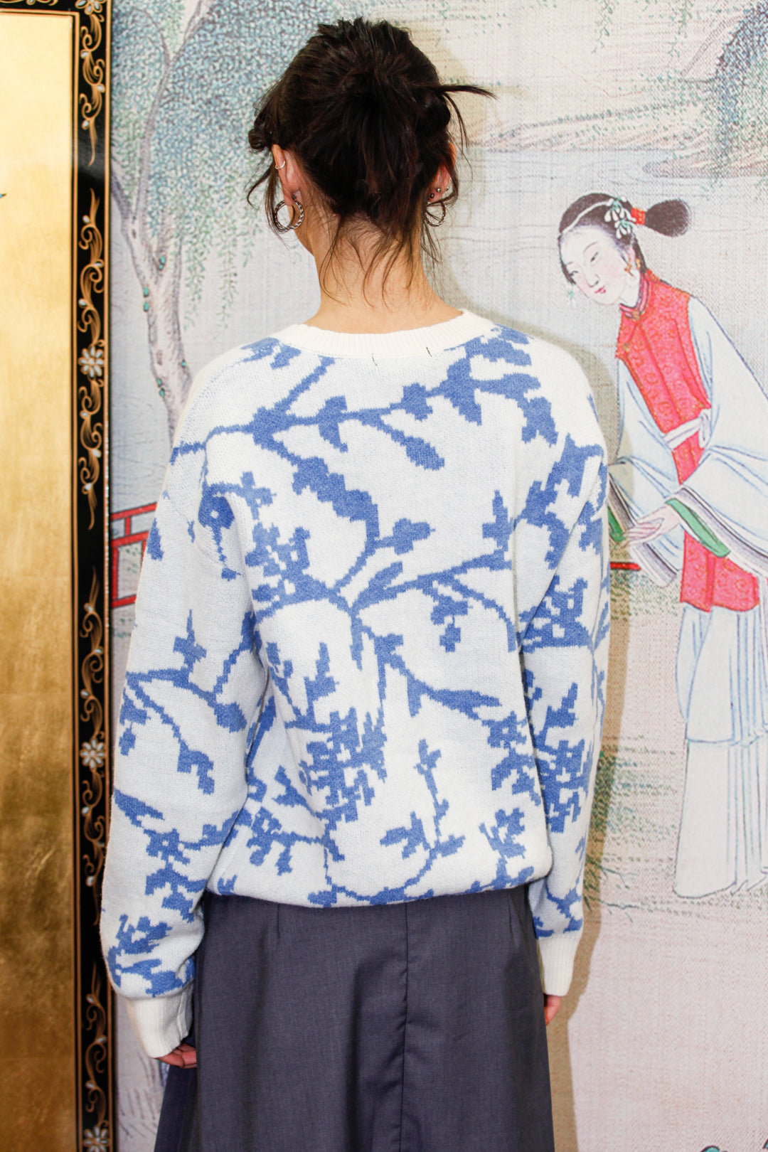 Blue Floral Jacquard Sweater