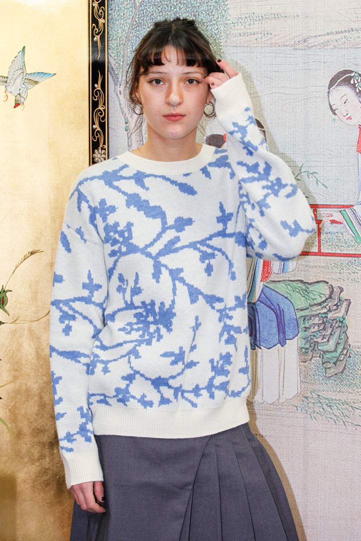 Blue Floral Jacquard Sweater