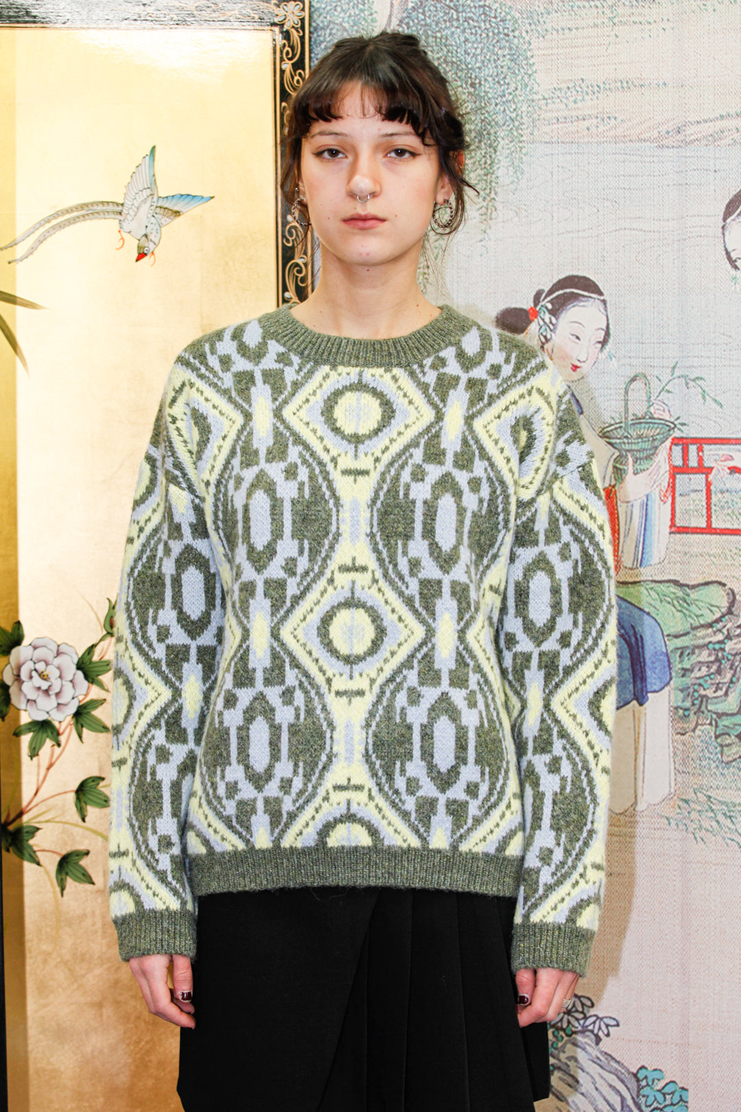 Olive Geometric Wool Sweater