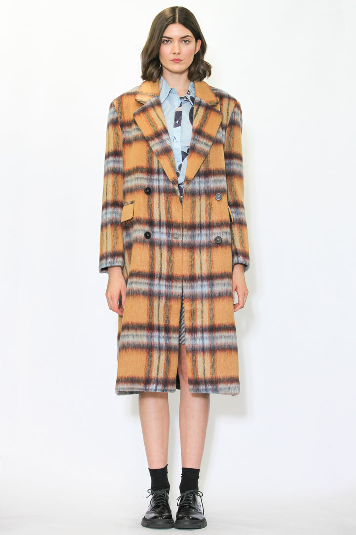 Heavy Wool Camel Plaid Coat