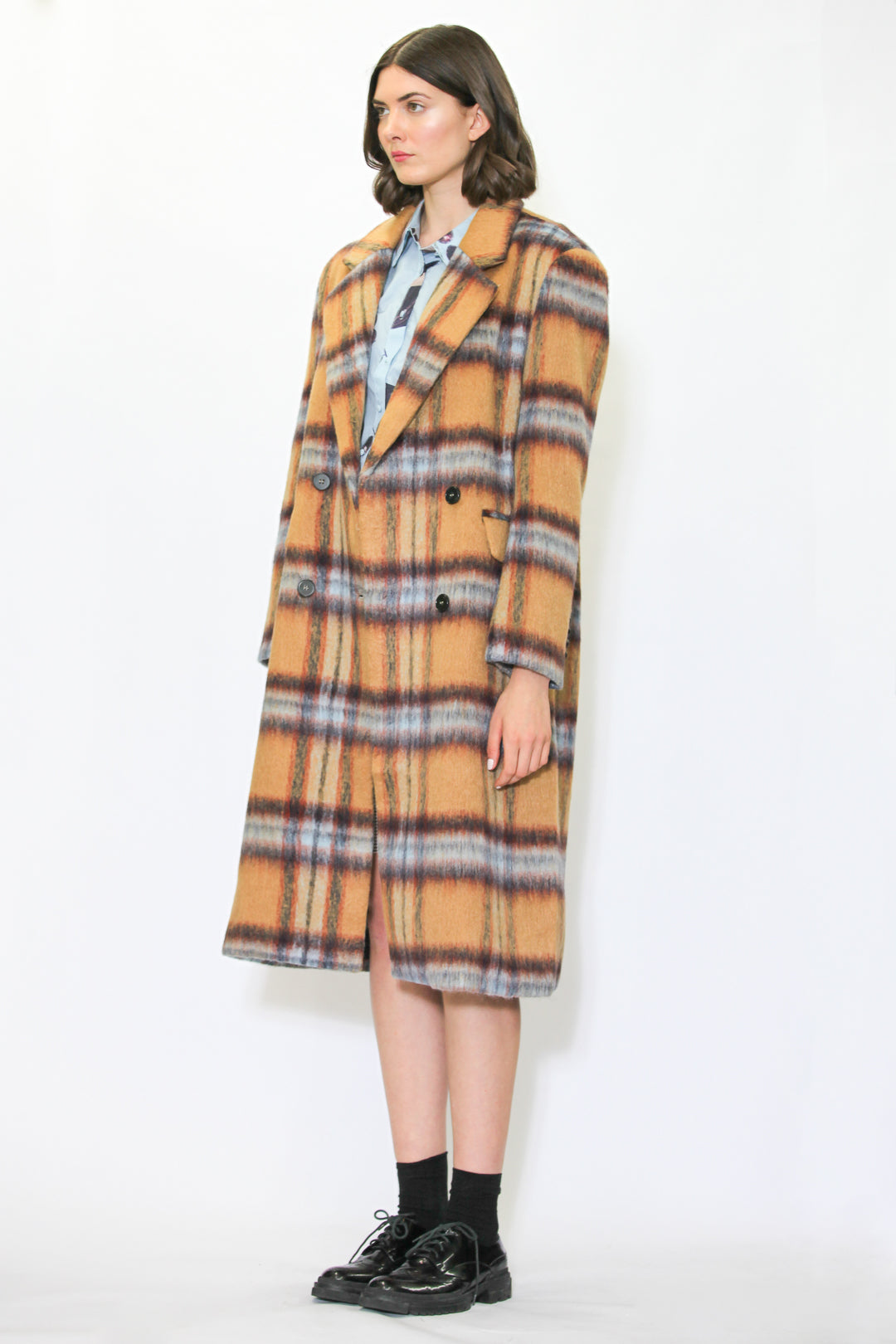 Heavy Wool Camel Plaid Coat