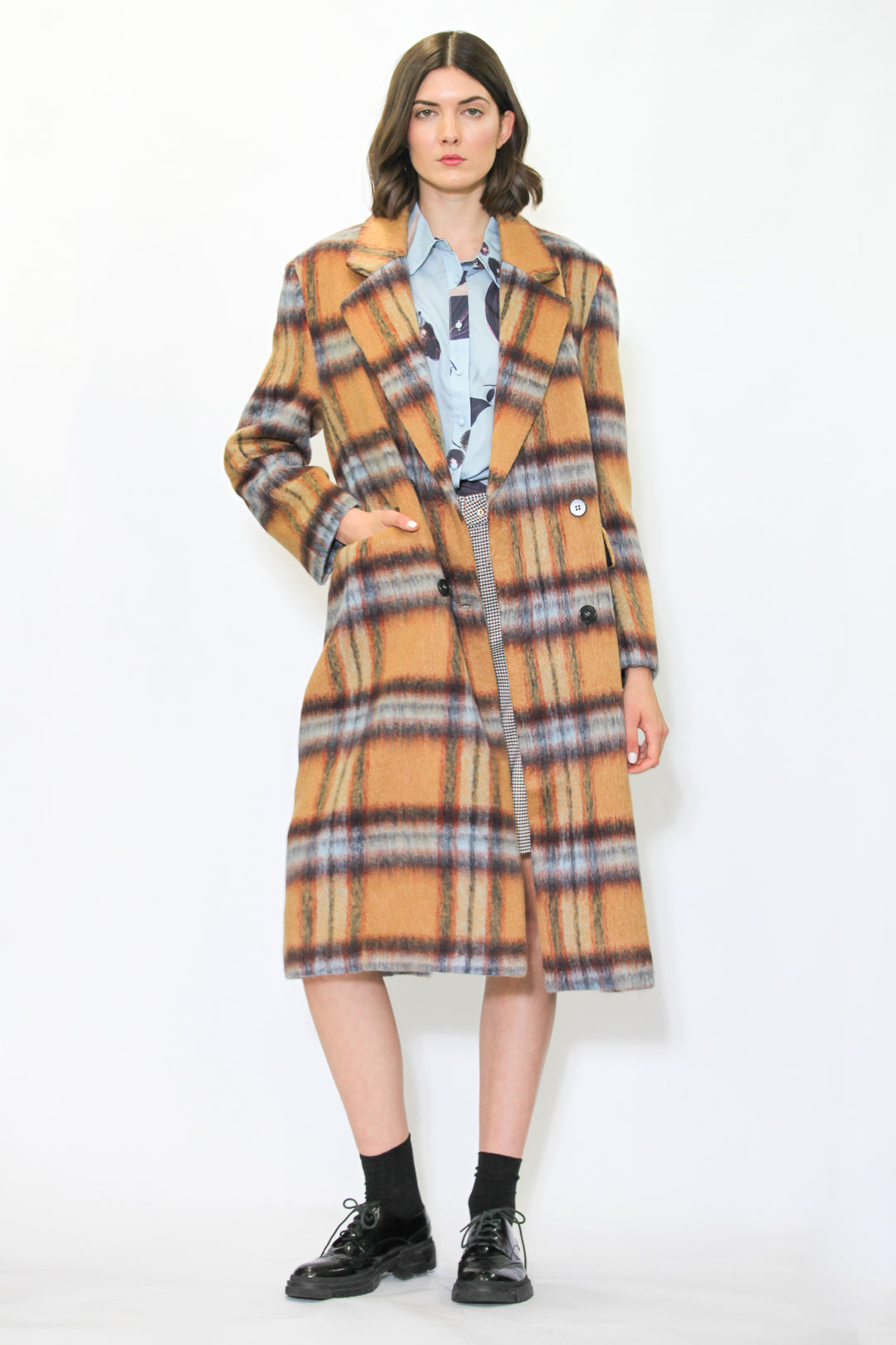 Heavy Wool Camel Plaid Coat