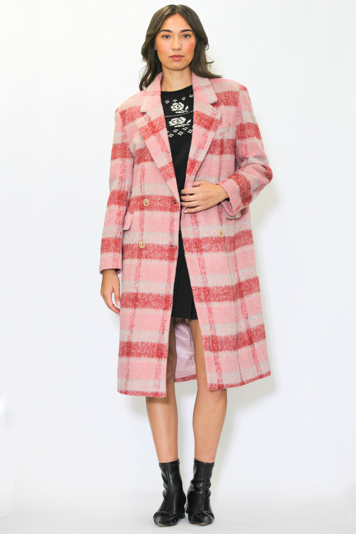 Heavy Wool Pink and White Plaid Coat