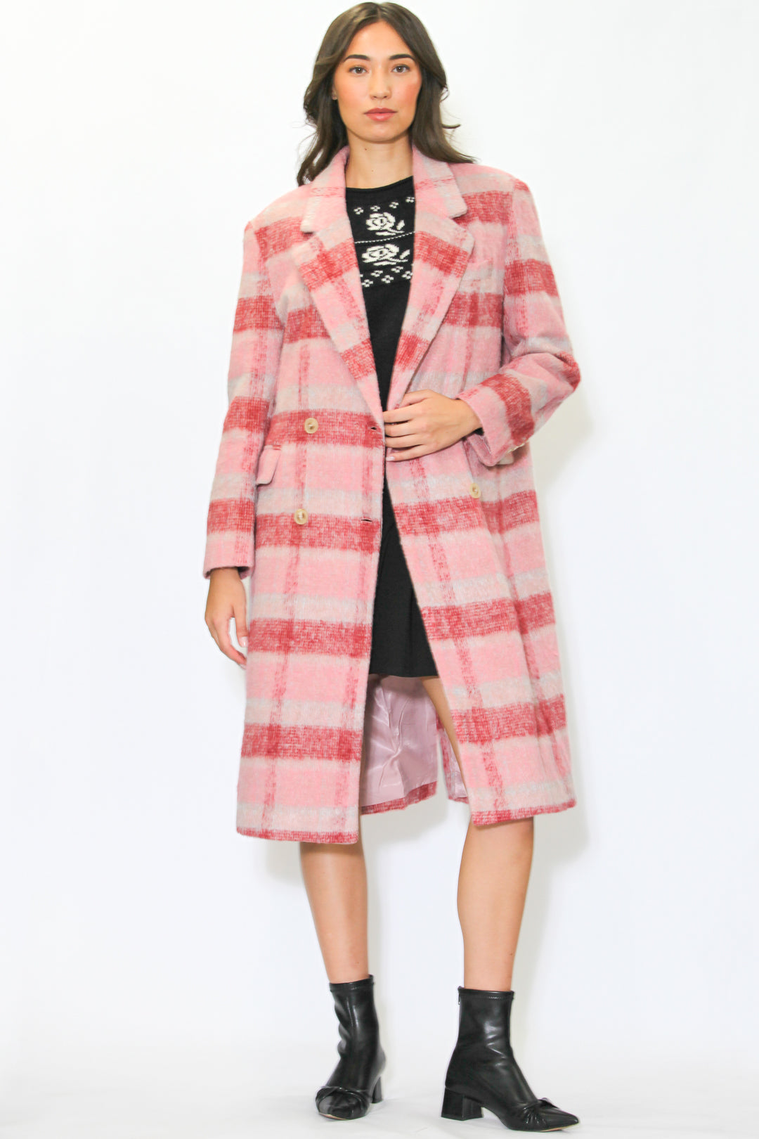 Heavy Wool Pink and White Plaid Coat