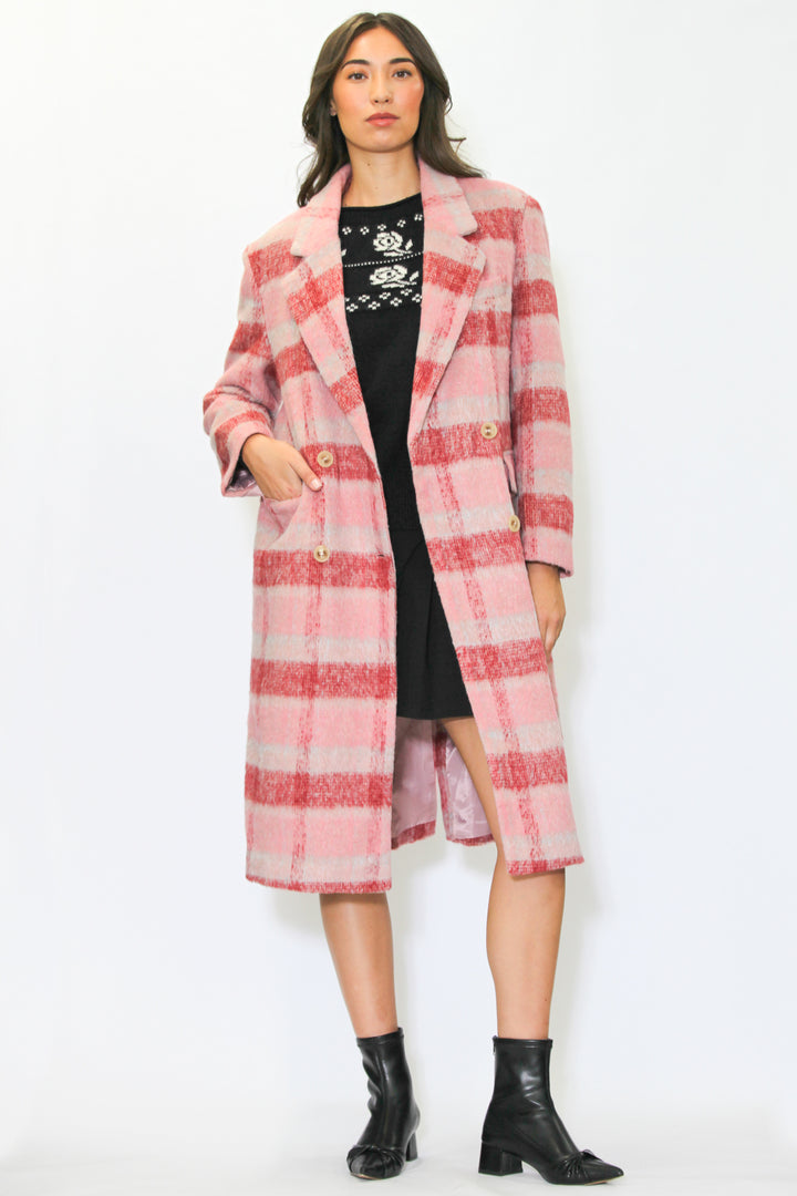 Heavy Wool Pink and White Plaid Coat