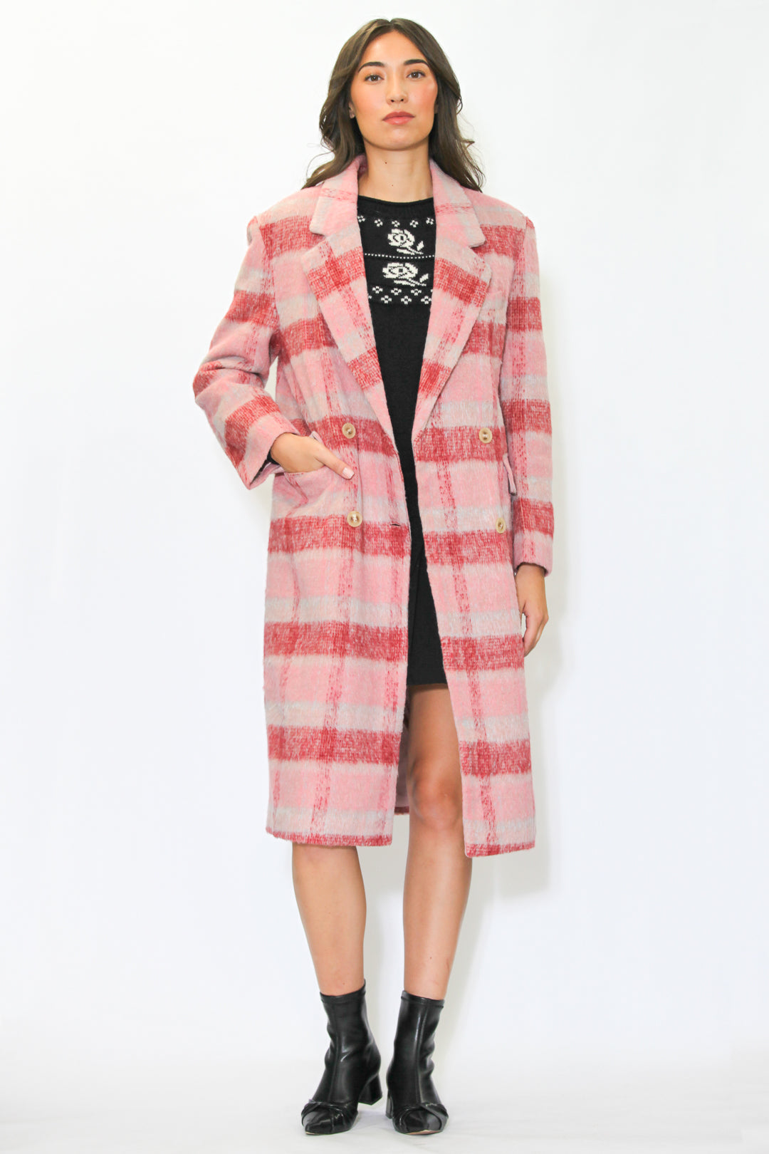 Heavy Wool Pink and White Plaid Coat