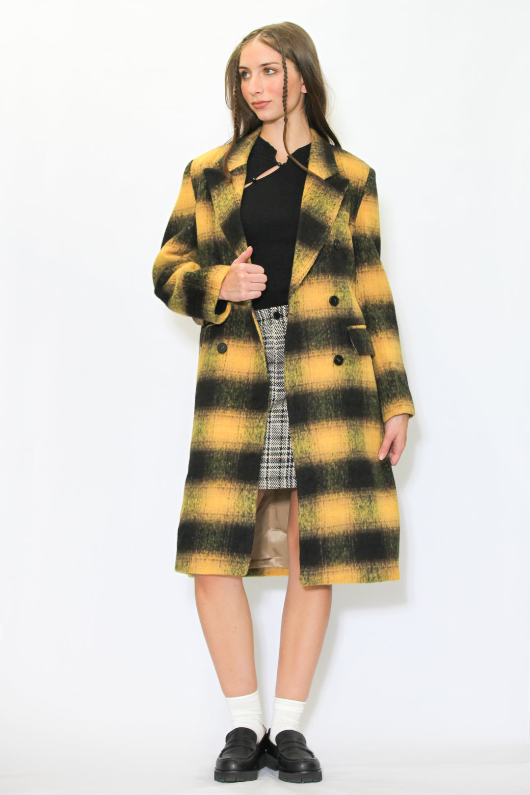 Heavy Wool Yellow Plaid Coat