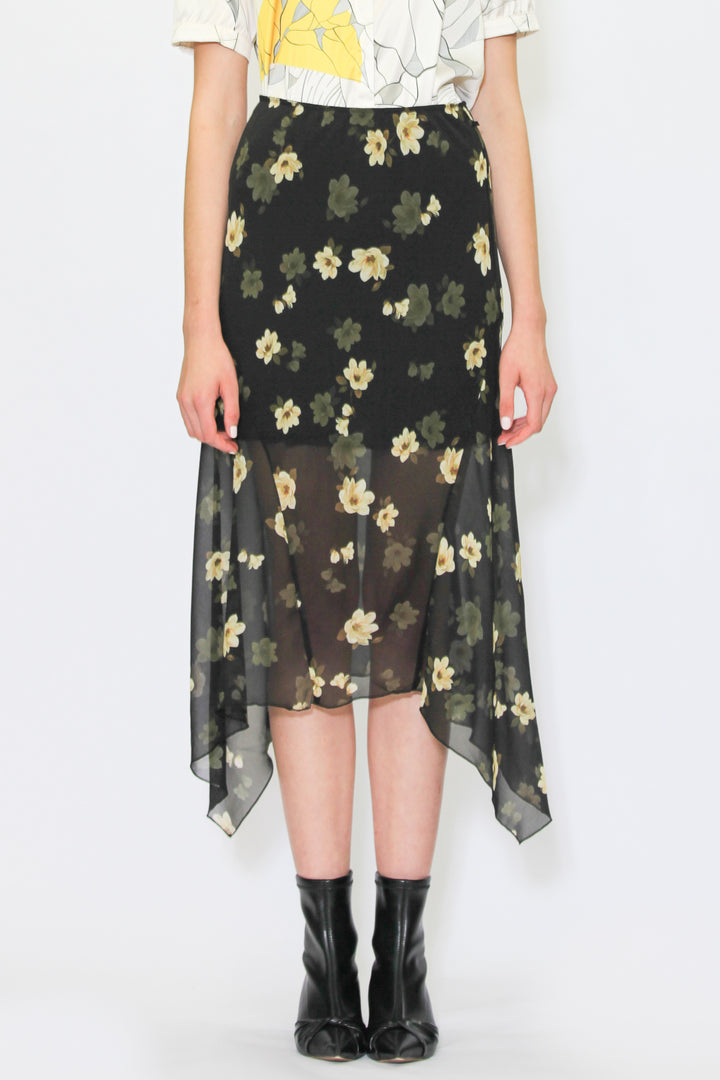 Silk Olive Green Cut Midi Skirt