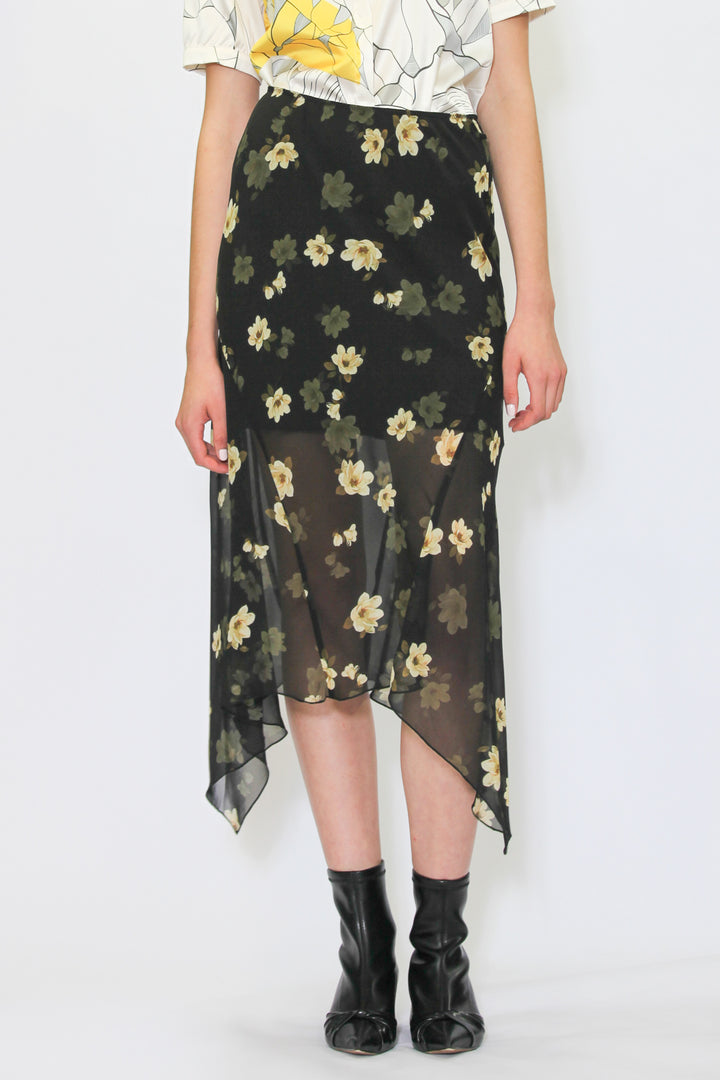 Silk Olive Green Cut Midi Skirt