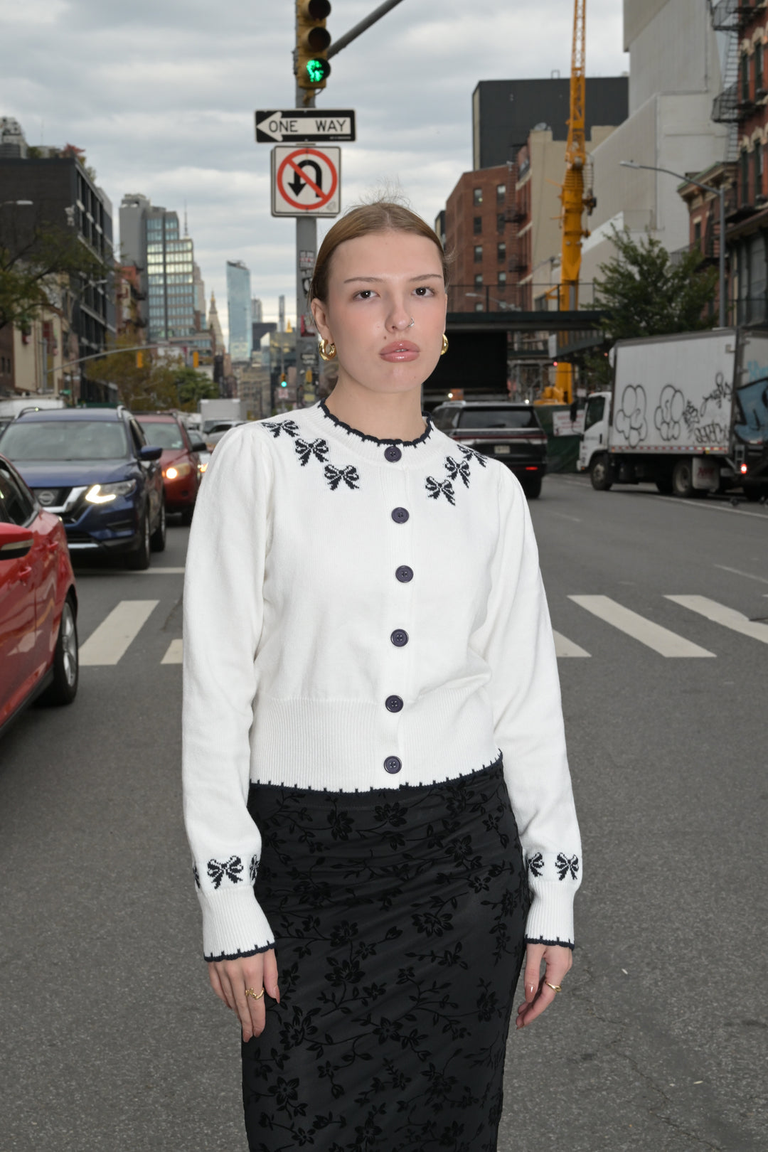 Wool White Bow Jacquard Cardigan