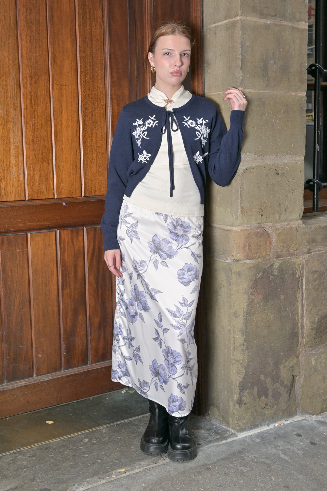 Wool Navy Floral Motif Cardigan