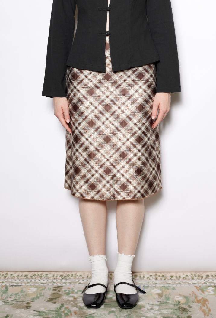 Cotton Brown Plaid Midi Skirt