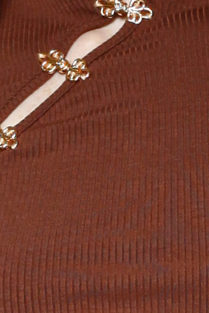 Cotton Brown Qipao Ribbed Top with Gold Knot
