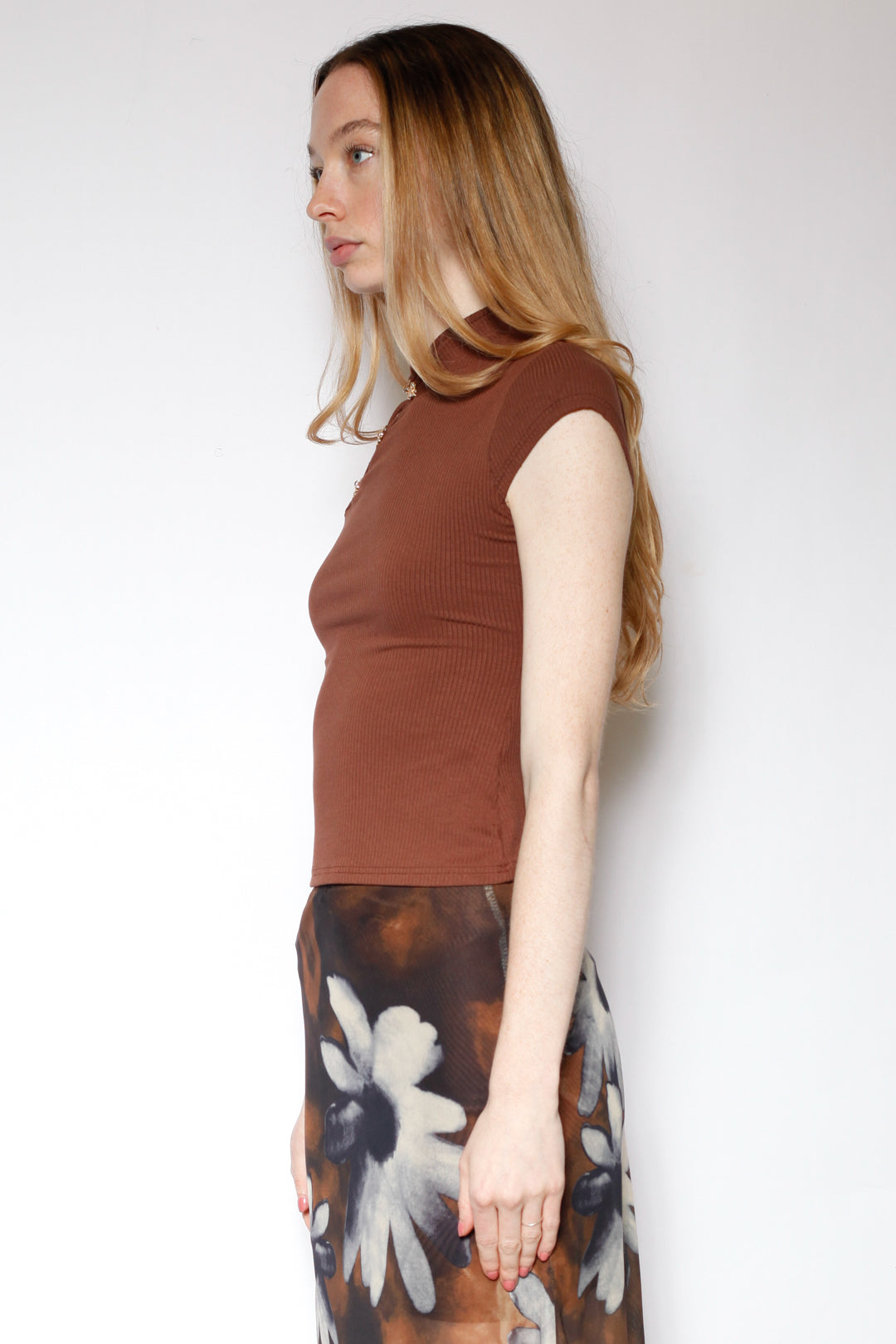 Cotton Brown Qipao Ribbed Top with Gold Knot