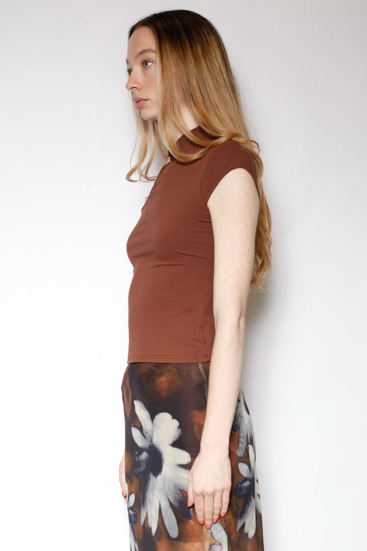 Cotton Brown Qipao Ribbed Top with Gold Knot