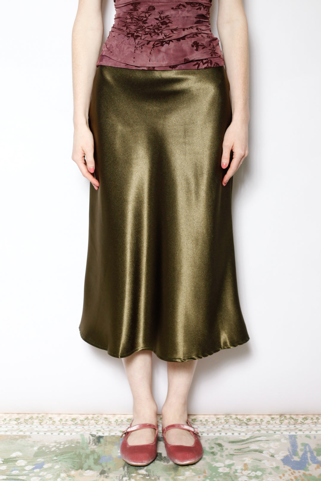 Silk Satin Green Midi Skirt