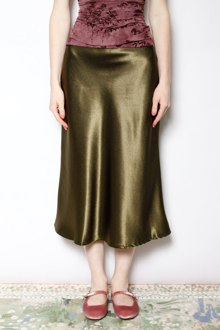 Silk Satin Green Midi Skirt