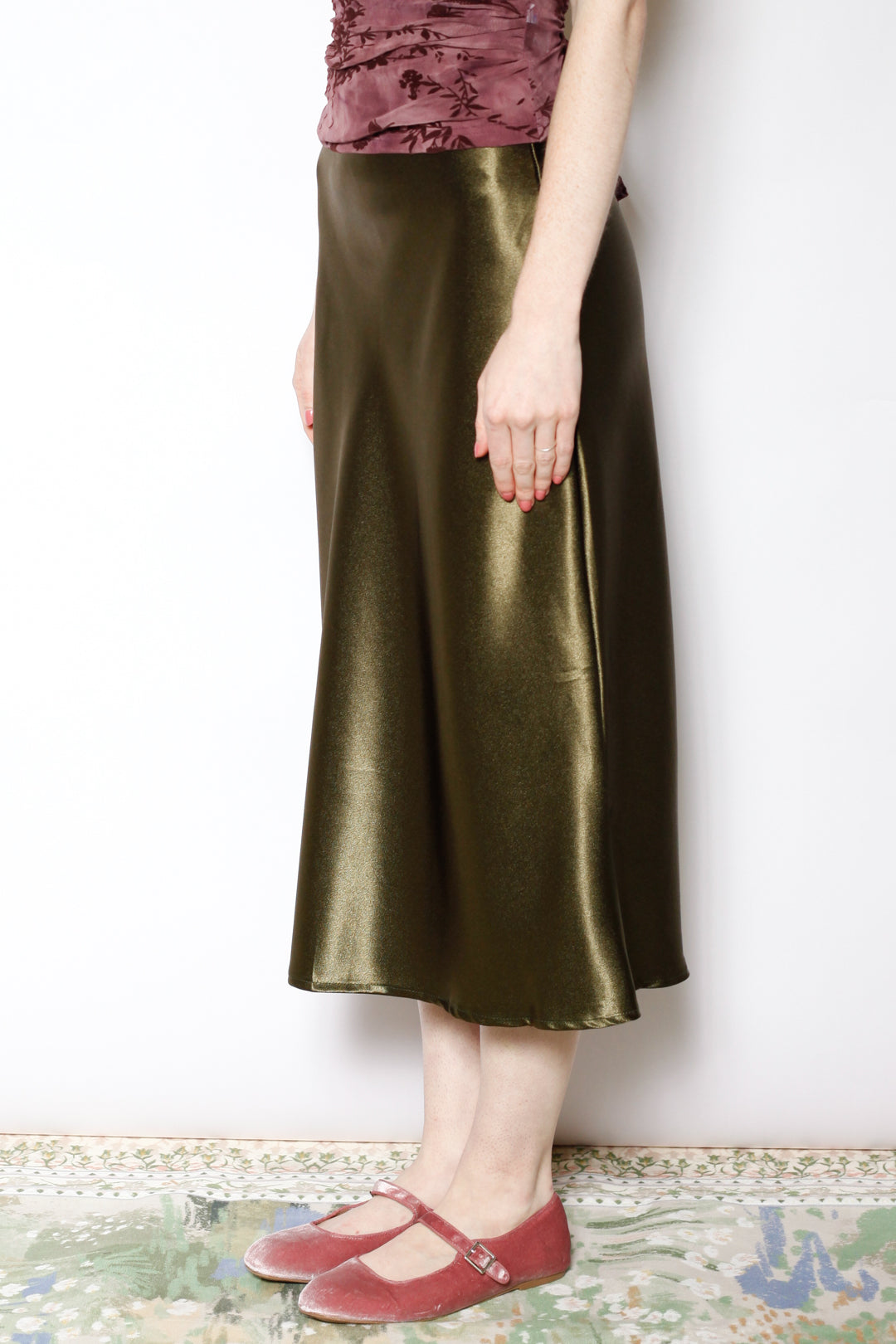 Silk Satin Green Midi Skirt