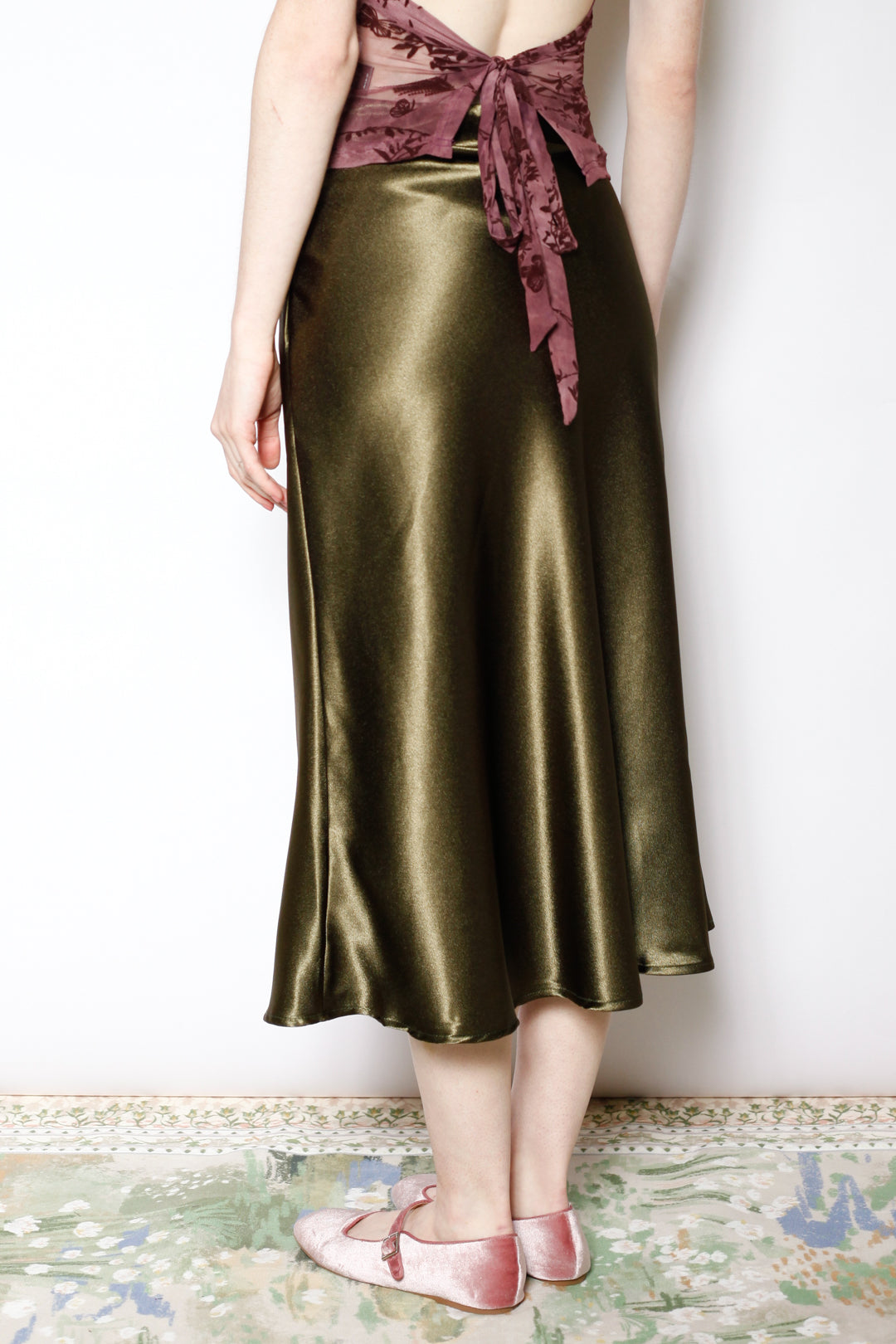 Silk Satin Green Midi Skirt