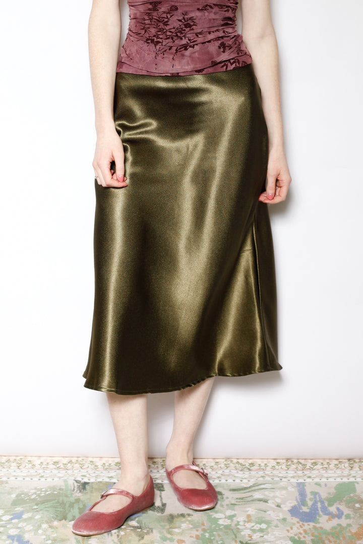 Silk Satin Green Midi Skirt